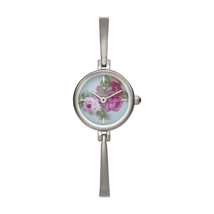 Bengal wristwatch for women with rhodium plating and a light blue dial decorated with flowers 