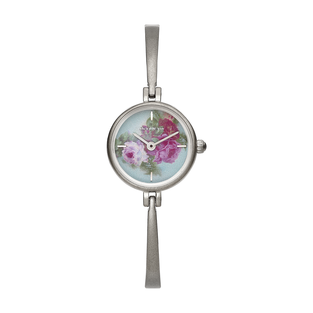 Women's Rhodium Plated Bangle Watch with Sky Blue Floral Dial