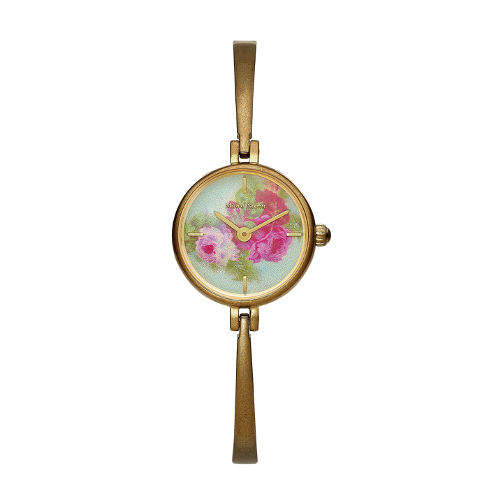 Bengal wristwatch for women with gold plating and a light blue dial decorated with flowers