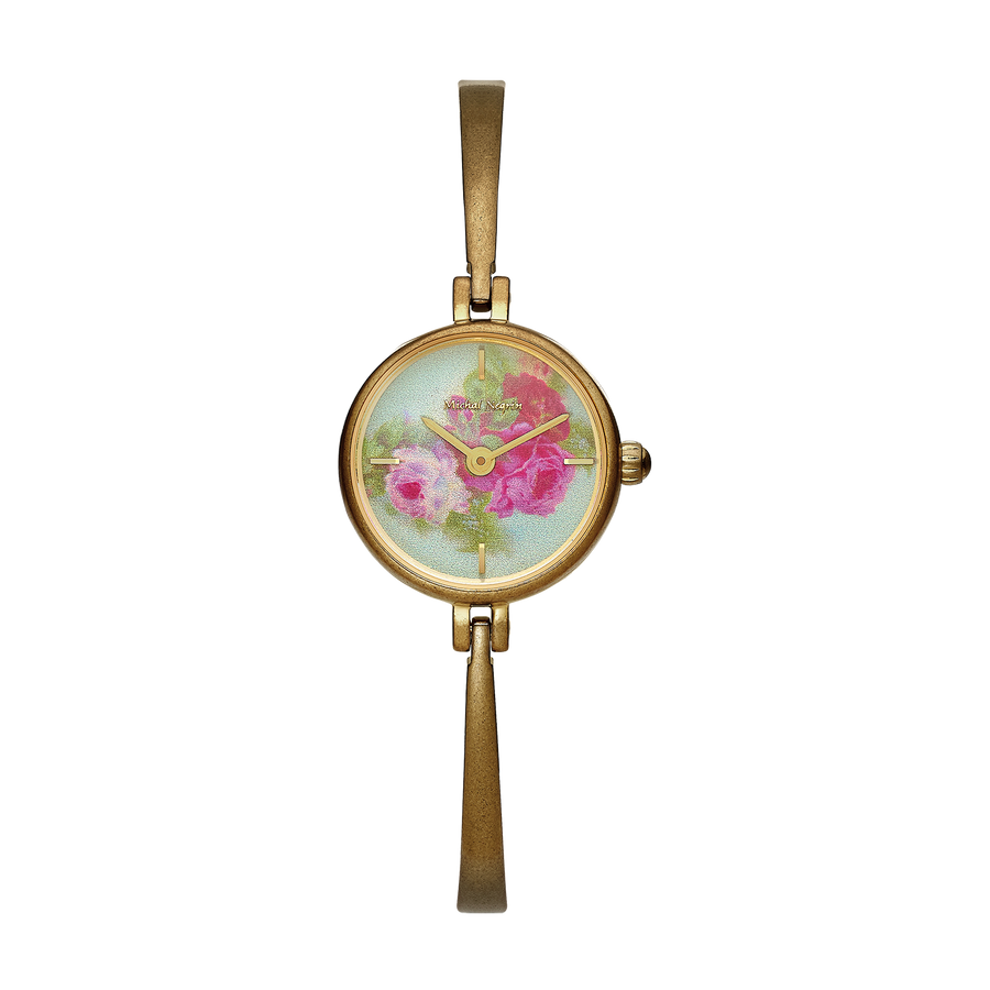 Women's Gold Plated Bangle Watch with Sky Blue Floral Dial