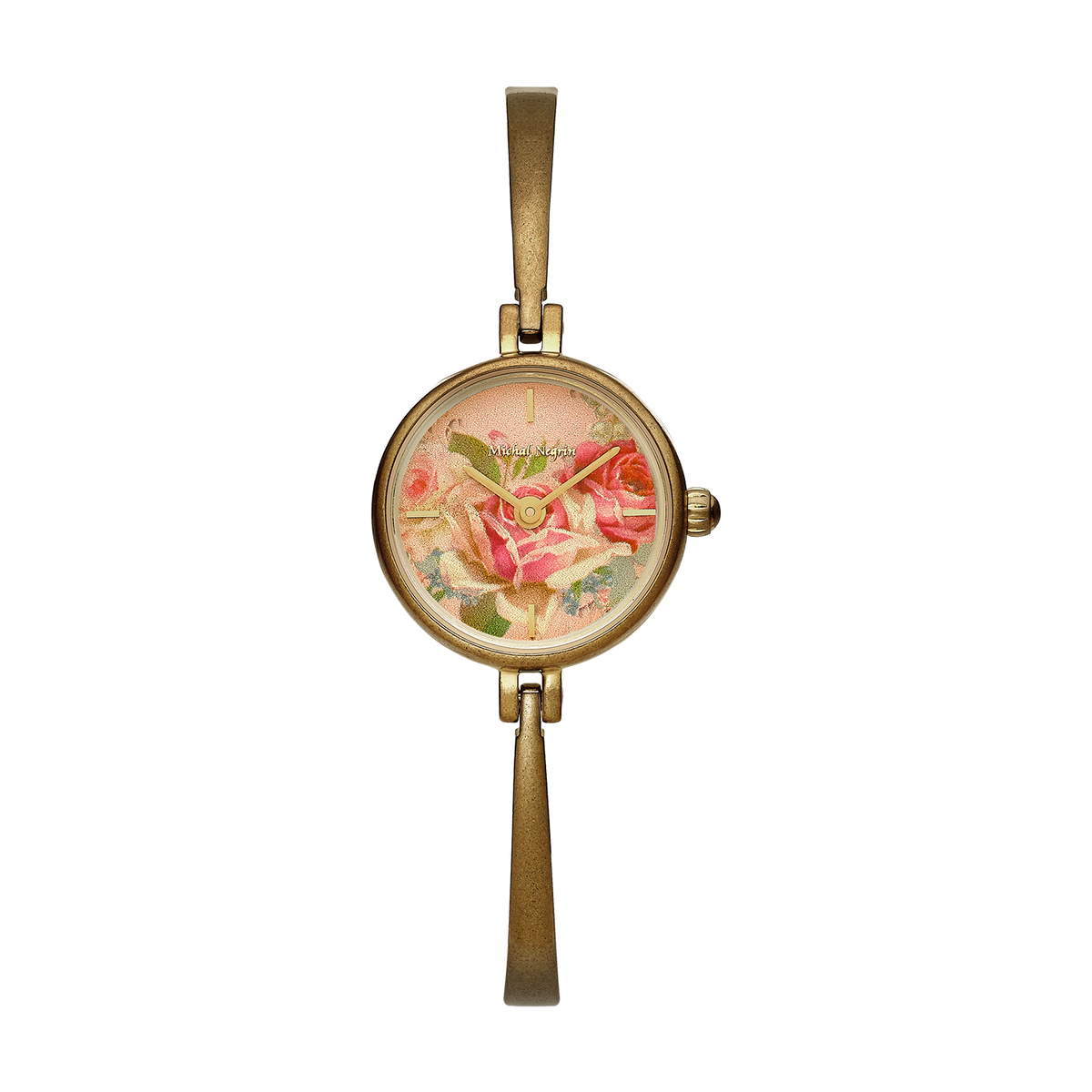 Women's Gold Plated Bangle Watch with Floral Dial