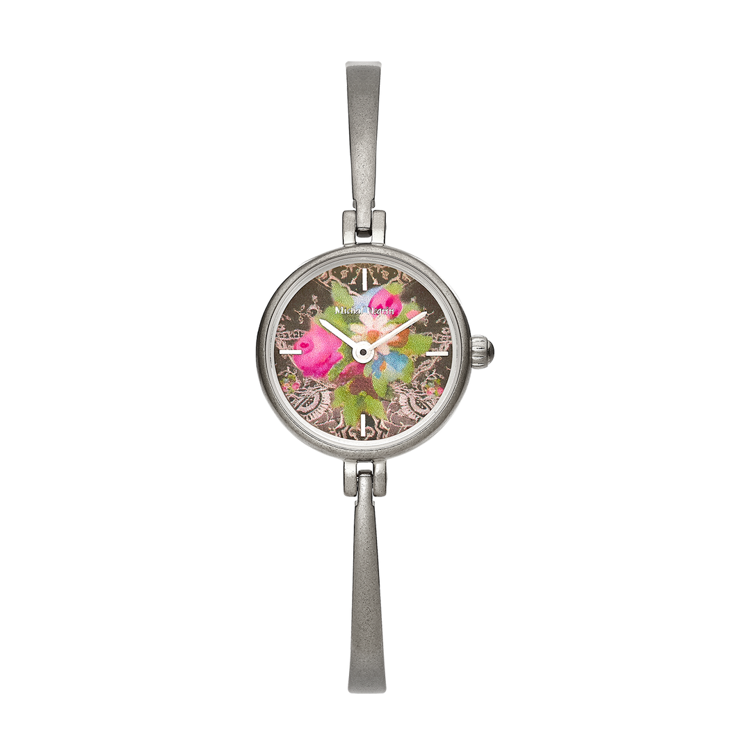 Women's Rhodium Plated Bangle Watch with Floral Dial