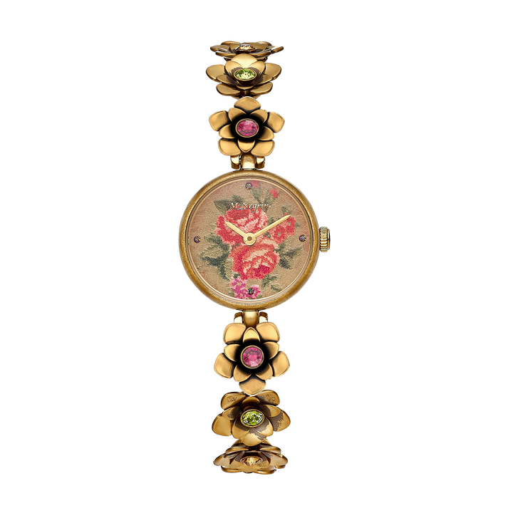 Women's wristwatch with an inlaid flower bracelet design and antique gold plating 