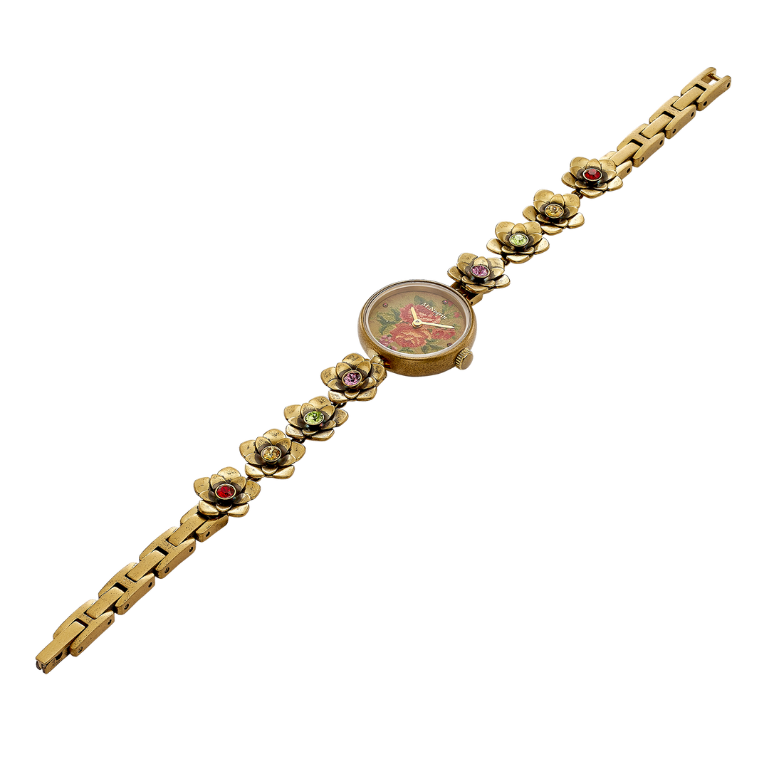 Women's wristwatch with an inlaid flower bracelet design and antique gold plating 