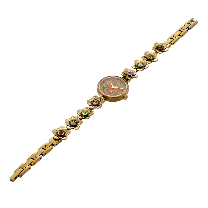 Women's wristwatch with an inlaid flower bracelet design and antique gold plating 