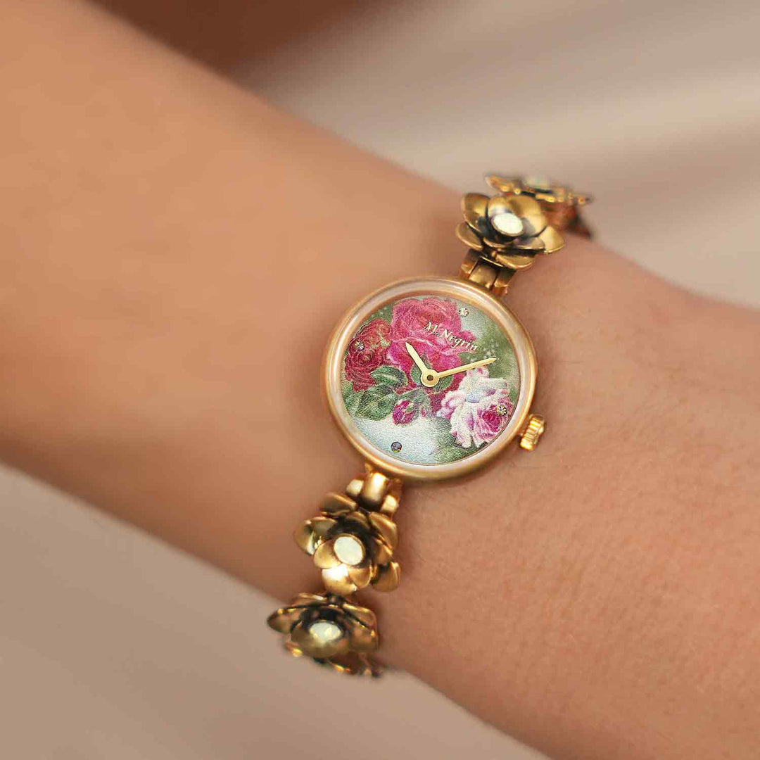 Women's wristwatch with a flower bracelet design, synthetic opal inlaid with antique gold plating 