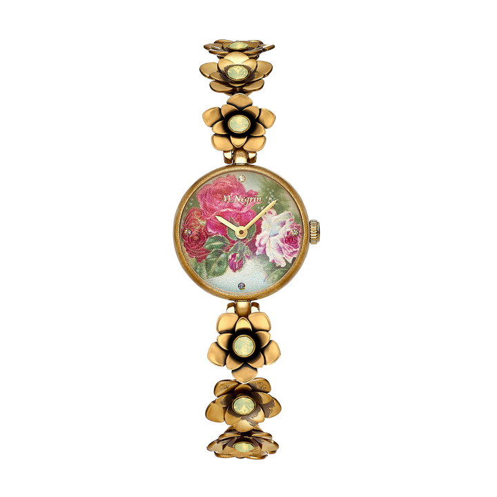 Women's wristwatch with a flower bracelet design, synthetic opal inlaid with antique gold plating 