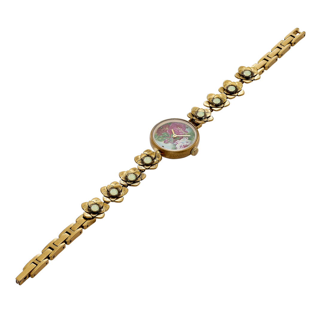 Women's wristwatch with a flower bracelet design, synthetic opal inlaid with antique gold plating 
