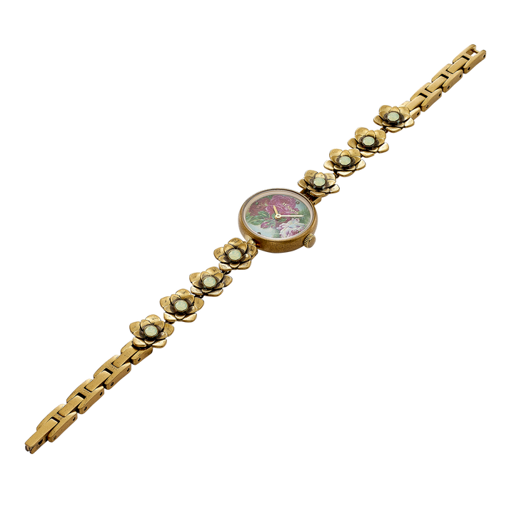 Women's wristwatch with a flower bracelet design, synthetic opal inlaid with antique gold plating 