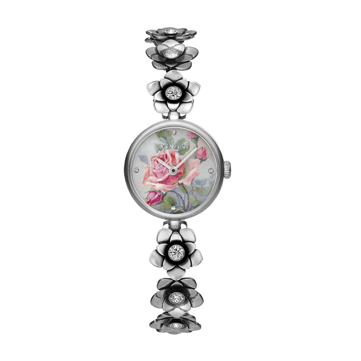 Women's wristwatch with a floral bracelet design and inlaid rhodium plating 