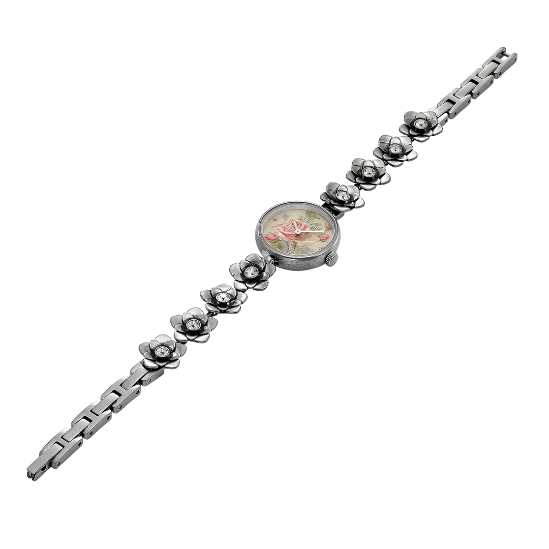 Women's wristwatch with a floral bracelet design and inlaid rhodium plating 
