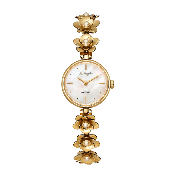Women's wristwatch with a gold-plated pearl-studded flower bracelet design 