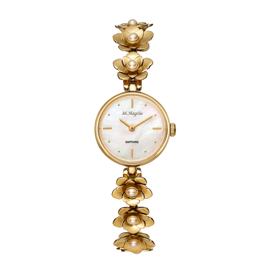 Women's Watch with Gold Plated Floral Bracelet & Pearls