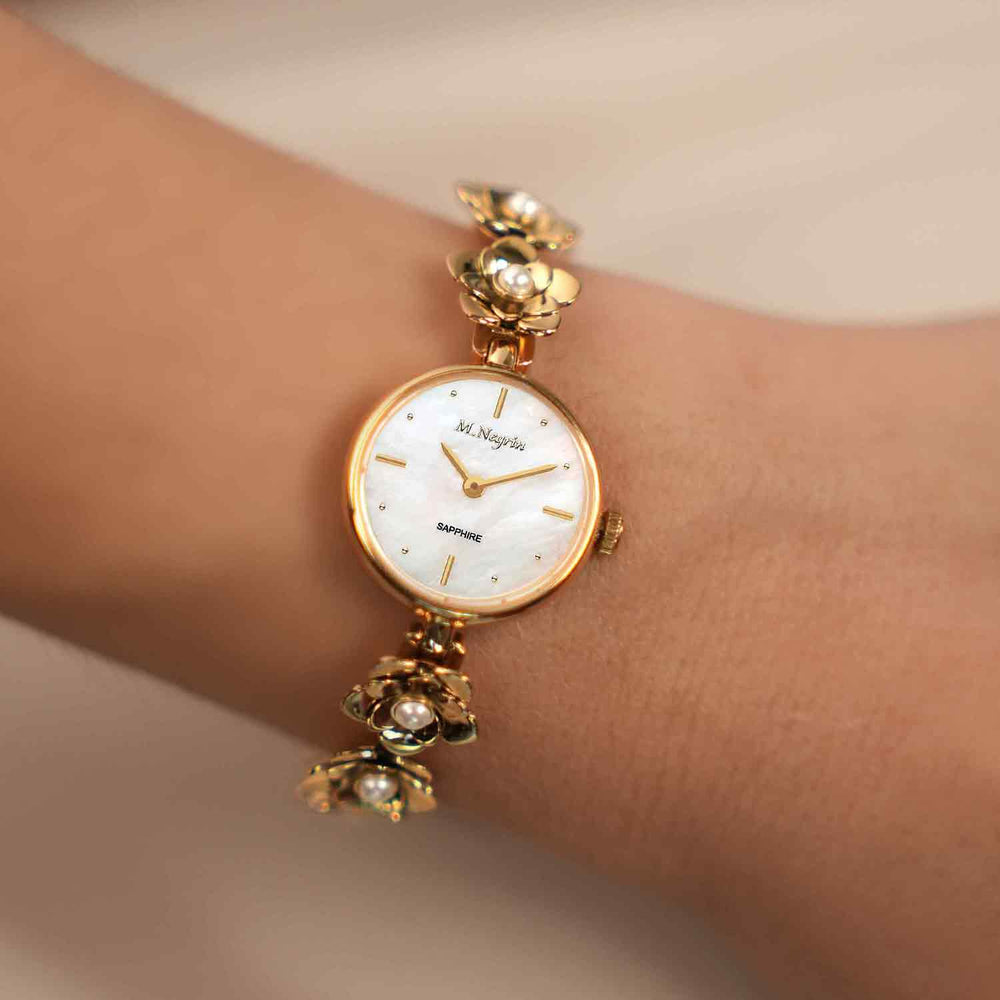 Women's Watch with Gold Plated Floral Bracelet & Pearls - 2