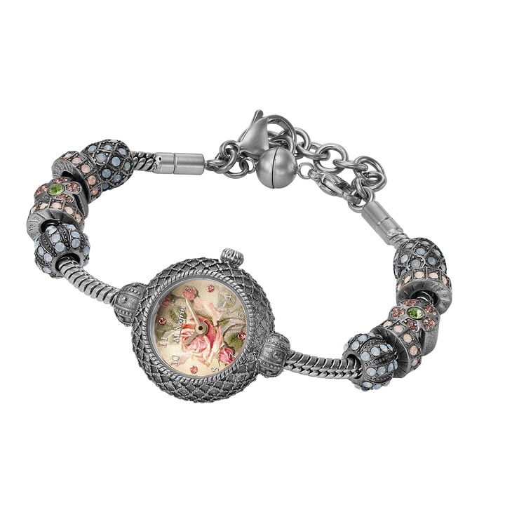 Women's wristwatch with rhodium-plated charm bracelet 