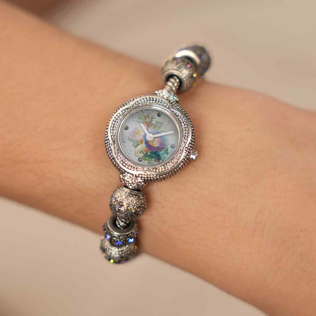 Women's wristwatch with rhodium-plated charm bracelet 