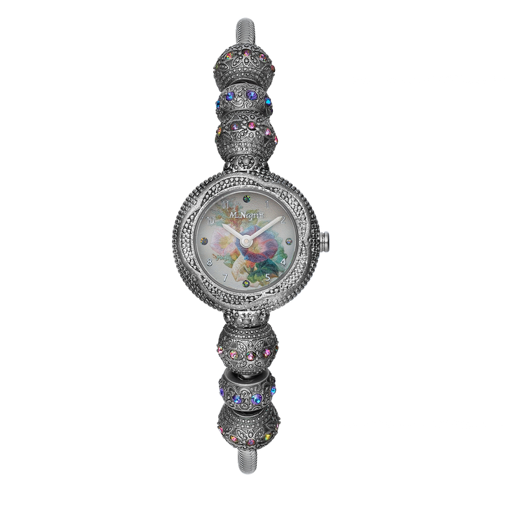 Women's wristwatch with rhodium-plated charm bracelet 