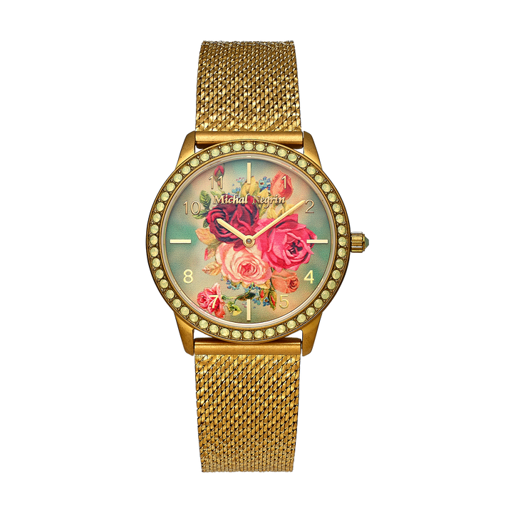 Women's wristwatch with 18K antique gold plating and a floral-decorated dial 