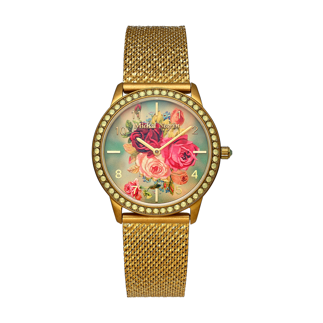 Women's Vintage Gold Plated Watch with Floral Dial