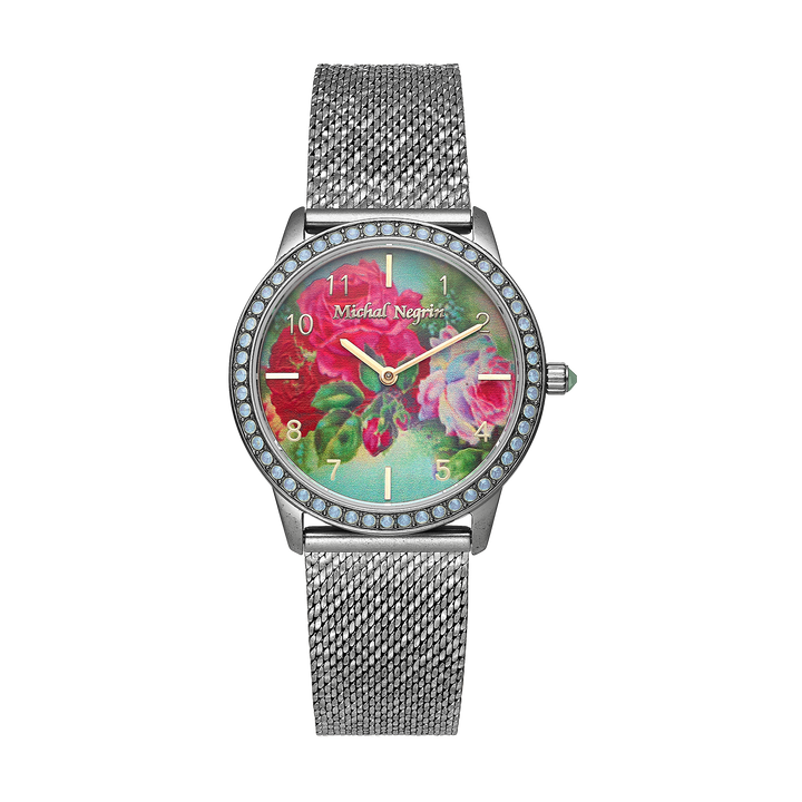 A silver-plated wristwatch for women with zirconia stones and a dial decorated with flowers. 