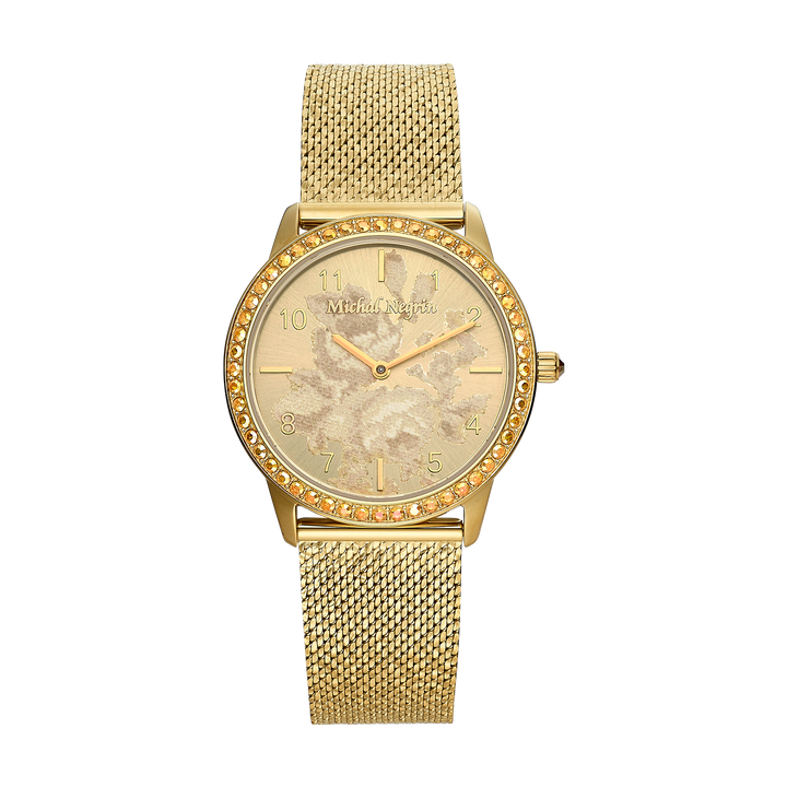 Women's wristwatch with 18K antique gold plating and a dial decorated with gold flowers 