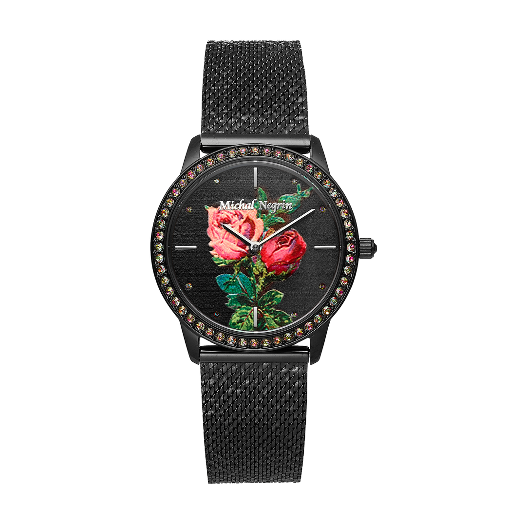 Women's Black Watch with Zirconia and Floral Dial