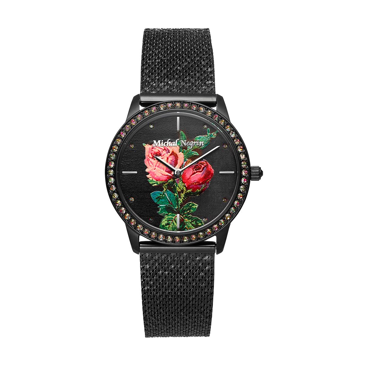 Women's Black Watch with Zirconia and Floral Dial