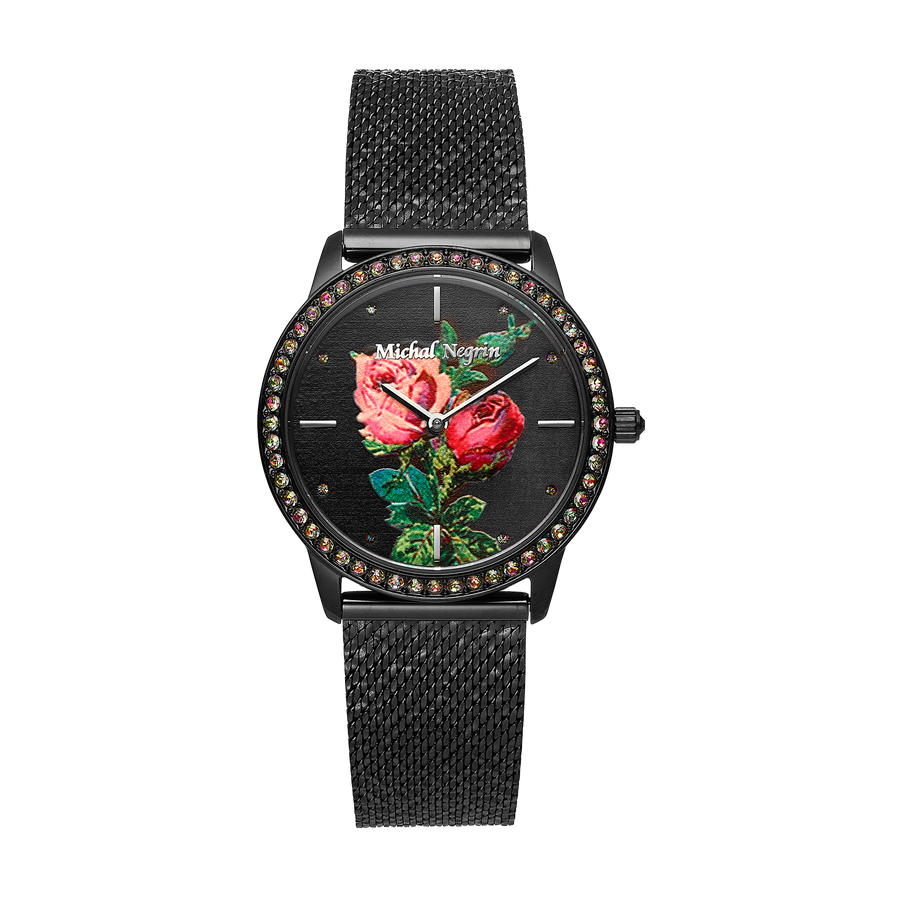 Women's Black Watch with Zirconia and Floral Dial