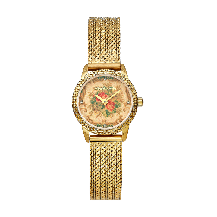 18K antique gold-plated wristwatch for women with a bezel set with zirconia stones 