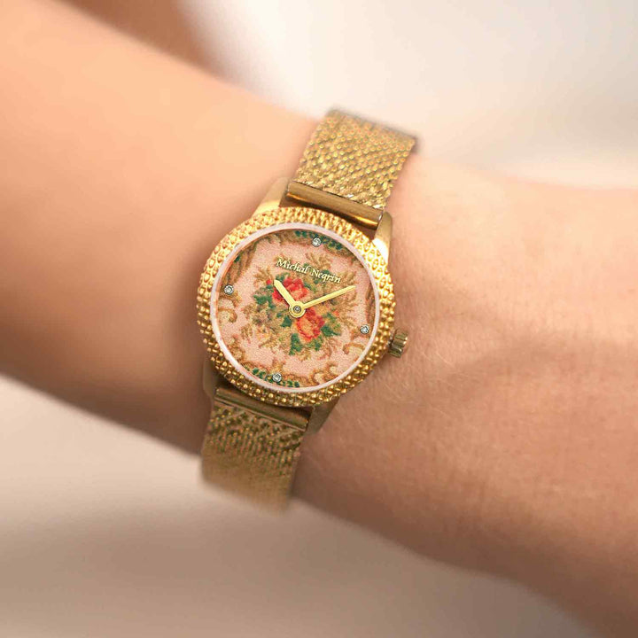 18K antique gold-plated wristwatch for women with a bezel set with zirconia stones 
