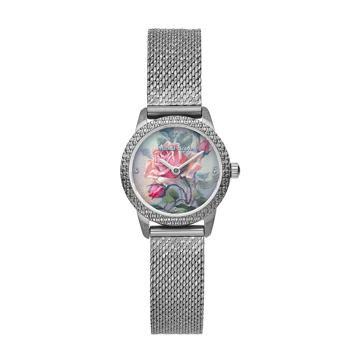 Silver-plated wristwatch for women with a dial inlaid with zirconia stones 