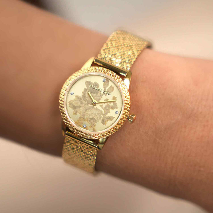 18K antique gold-plated wristwatch for women with a bezel set with zirconia stones 