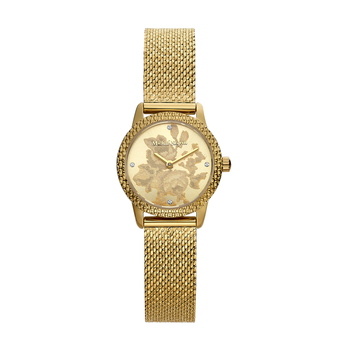 18K antique gold-plated wristwatch for women with a bezel set with zirconia stones 