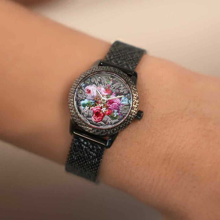 Blackened wristwatch for women with a dial set with zirconia stones 