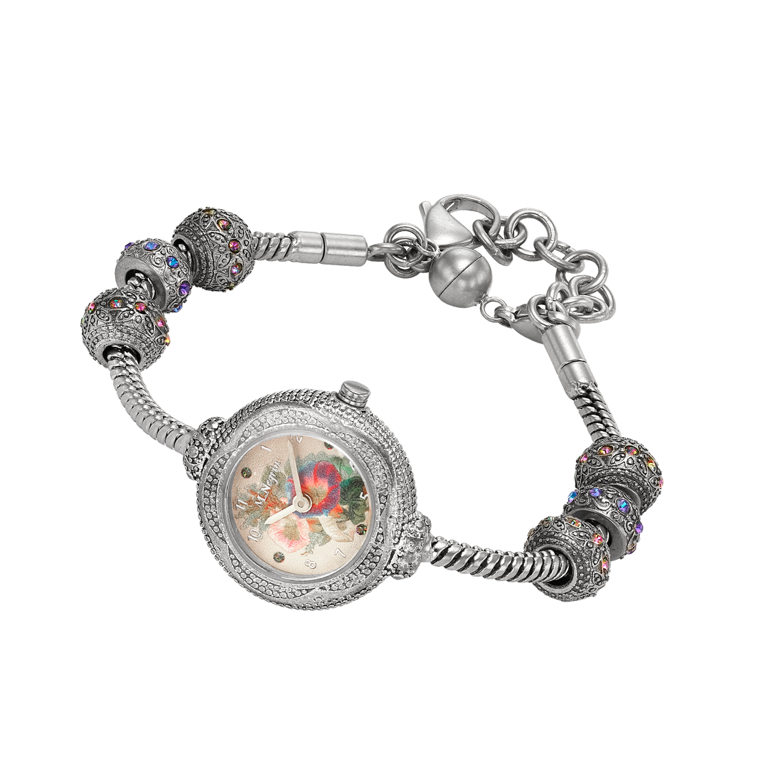 Women's wristwatch with rhodium-plated charm bracelet 