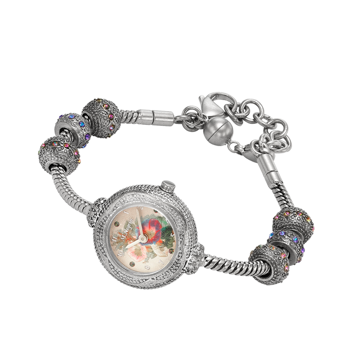 Women's wristwatch with rhodium-plated charm bracelet 