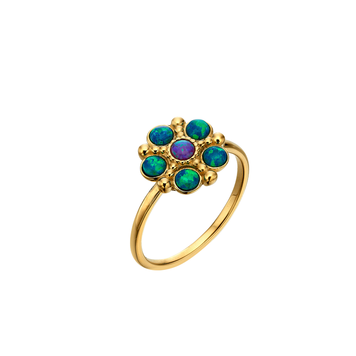 Bloom - A flower ring set with blue-purple lab opal stones
