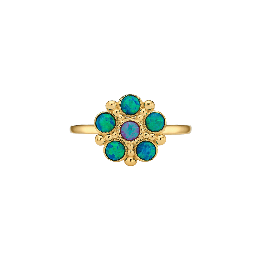 Bloom - A flower ring set with blue-purple lab opal stones