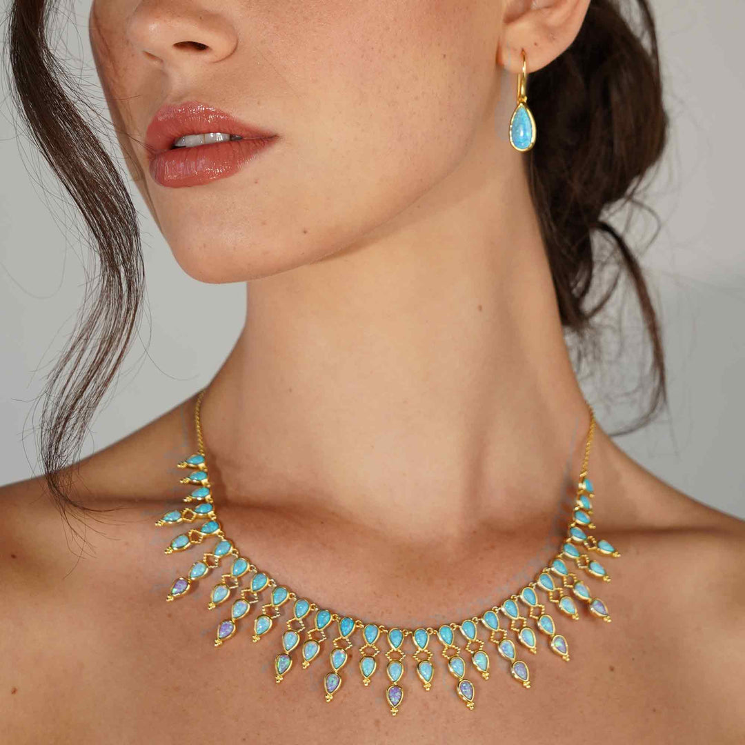 18K/24K Gold Plated Necklace with Sky Blue Drop Synthetic Opal - Mare - 3