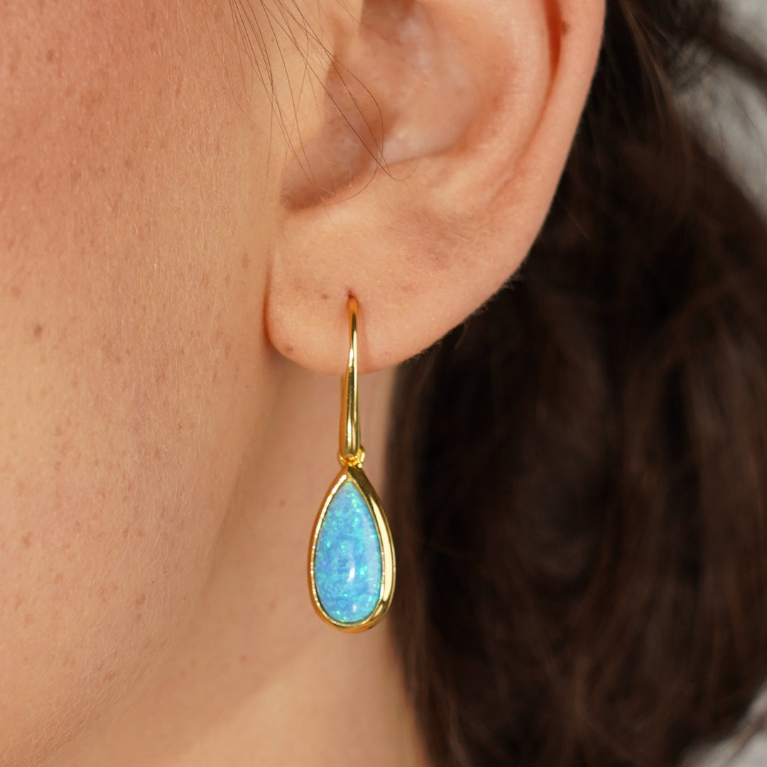 18K/24K Gold Plated Earring with Sky Blue Synthetic Opal - Mare - 6