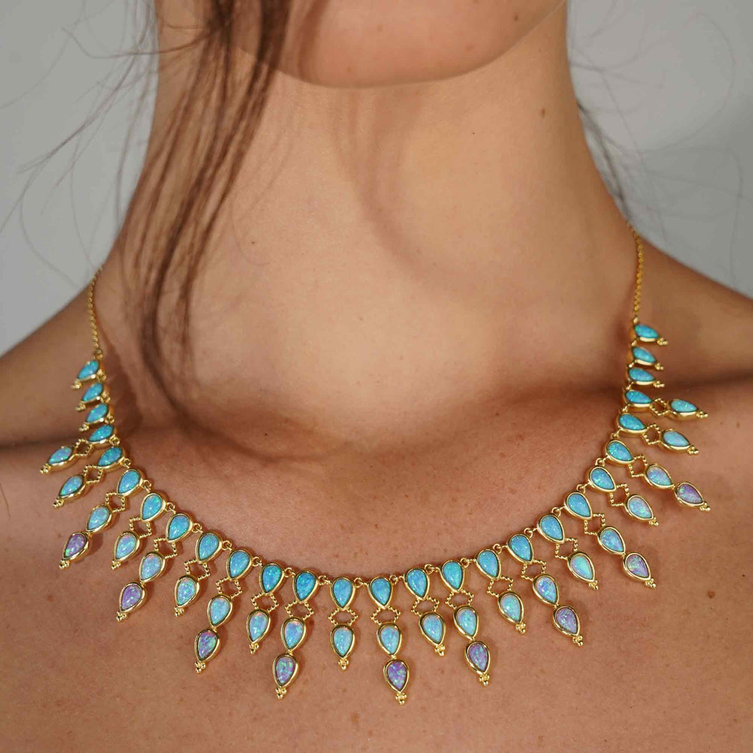 18K/24K Gold Plated Necklace with Sky Blue Drop Synthetic Opal - Mare - 2