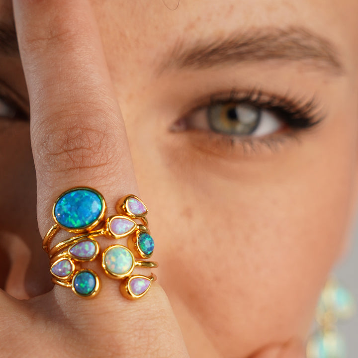 24K Gold Plated Ring with Mixed Synthetic Opal - Mare - 4