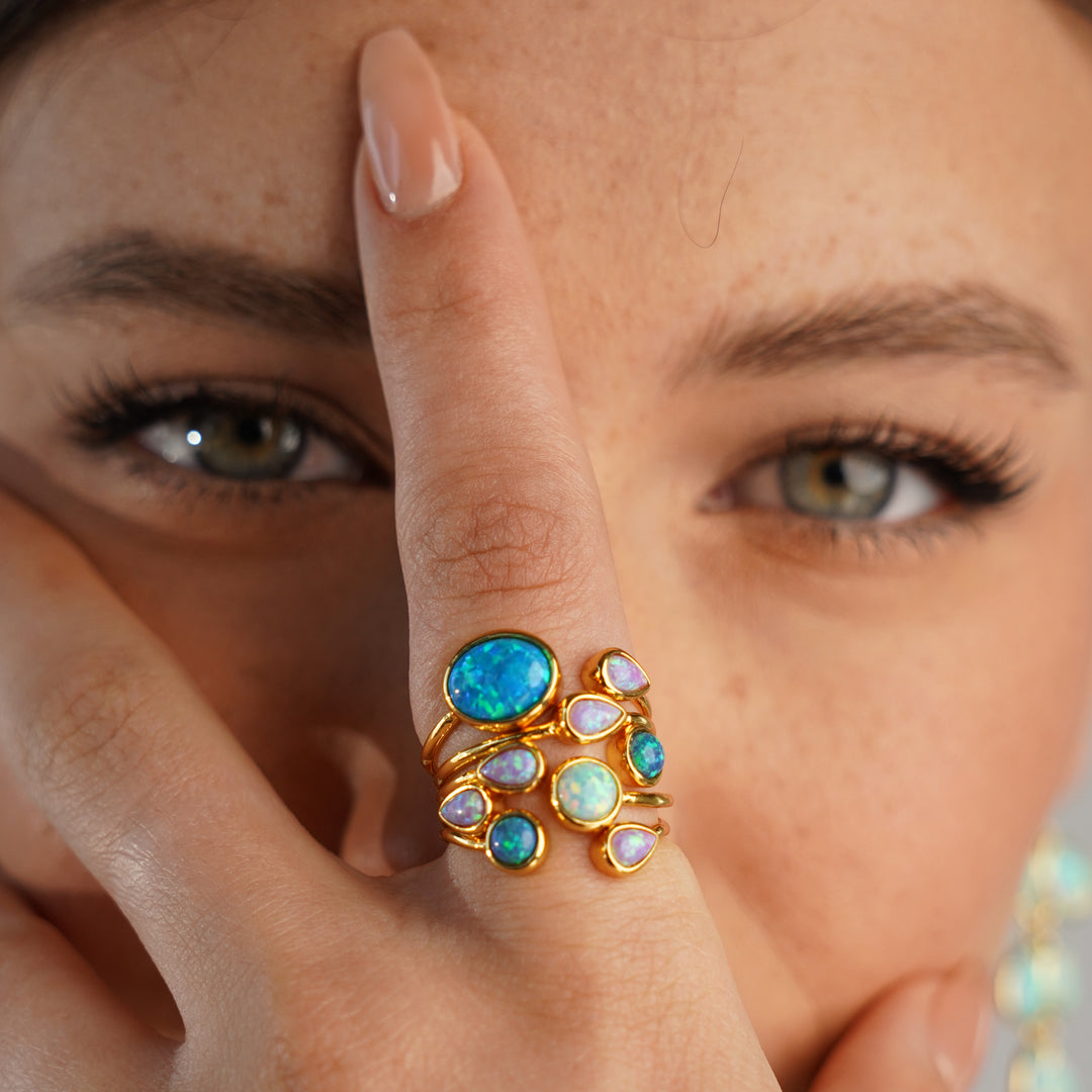 24K Gold Plated Ring with Mixed Synthetic Opal - Mare - 2