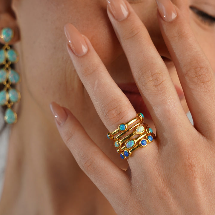 Set of 5 18K/24K Gold Plated Rings with Synthetic Opal - Mare - 17