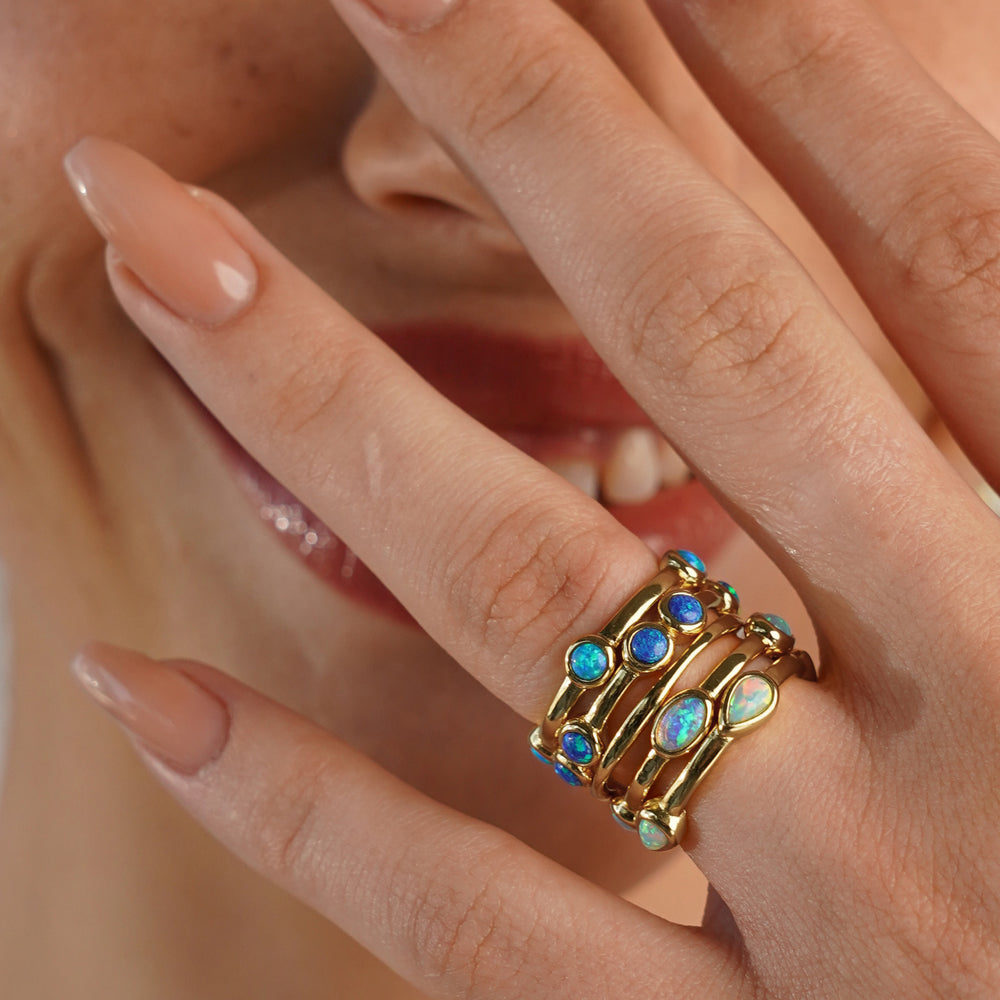 Set of 5 18K/24K Gold Plated Rings with Synthetic Opal - Mare - 2