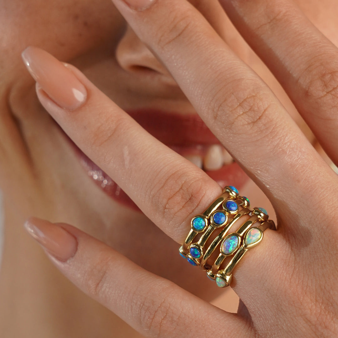 Set of 5 18K/24K Gold Plated Rings with Synthetic Opal - Mare - 2