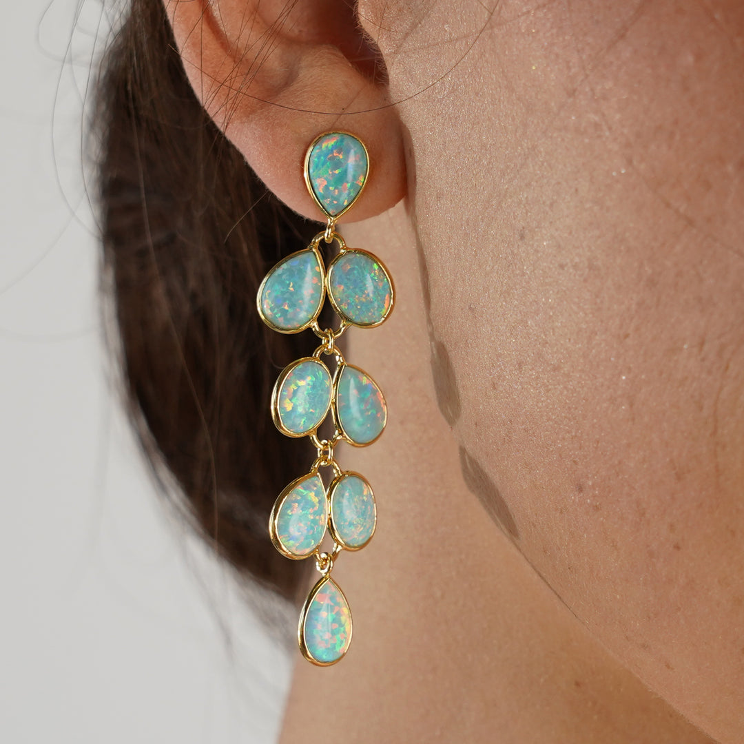 18K/24K Gold Plated Long Stud Earring with Sky Blue Synthetic Opal - Mare - 10