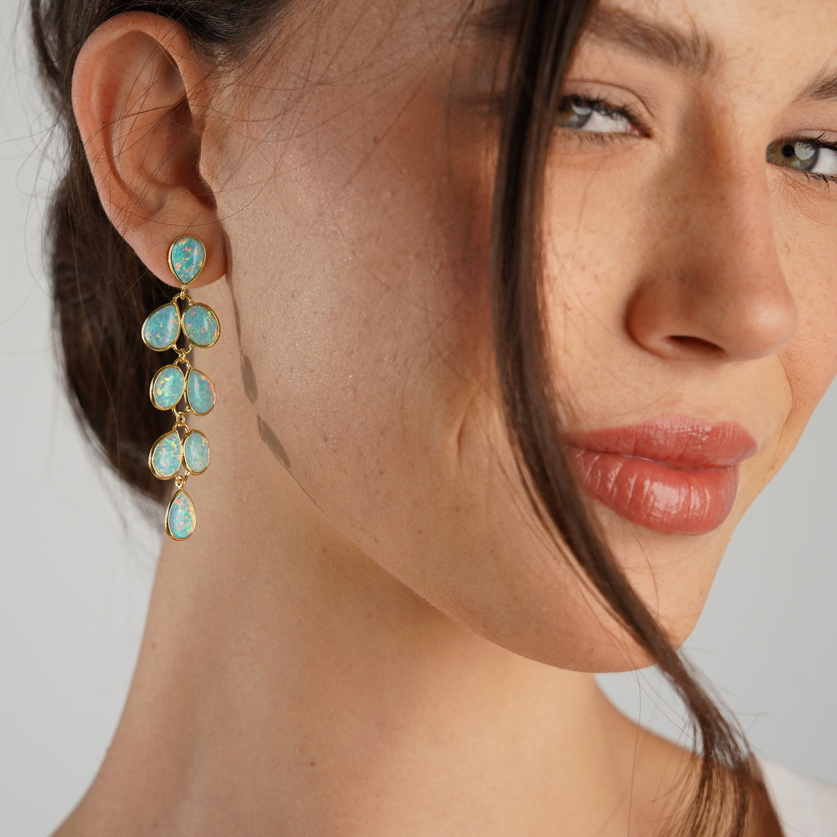 18K/24K Gold Plated Long Stud Earring with Sky Blue Synthetic Opal - Mare - 2