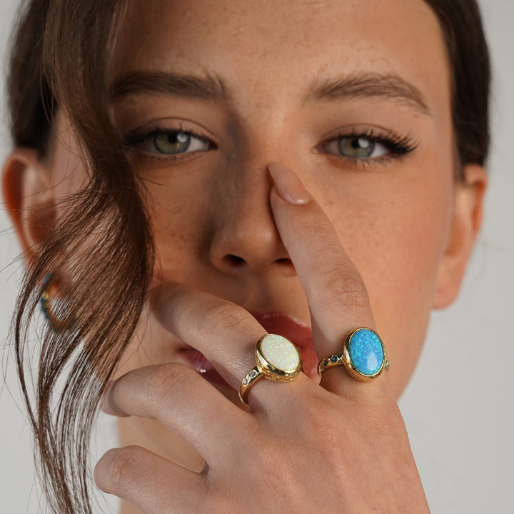 24K Gold Plated Ring with White Synthetic Opal Stones Mare 