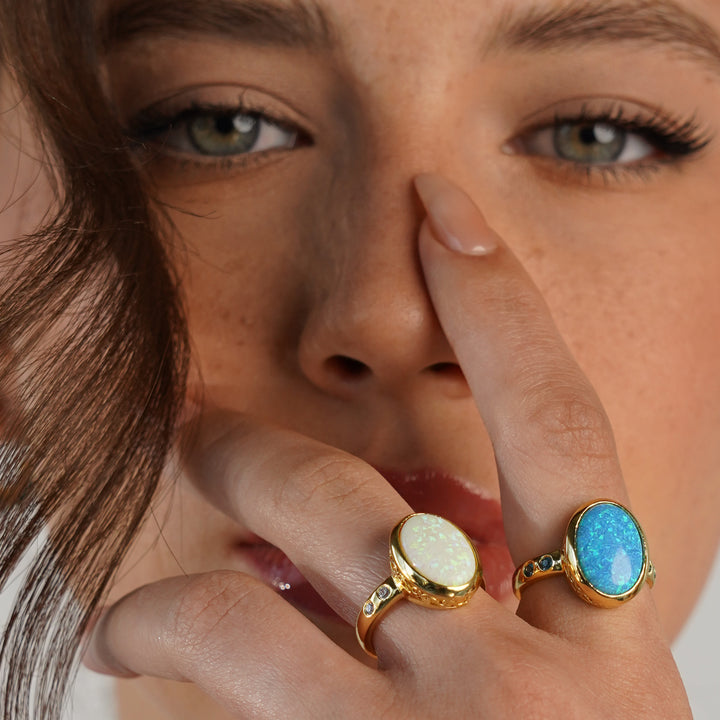 24K Gold Plated Ring with White Synthetic Opal - Mare - 5